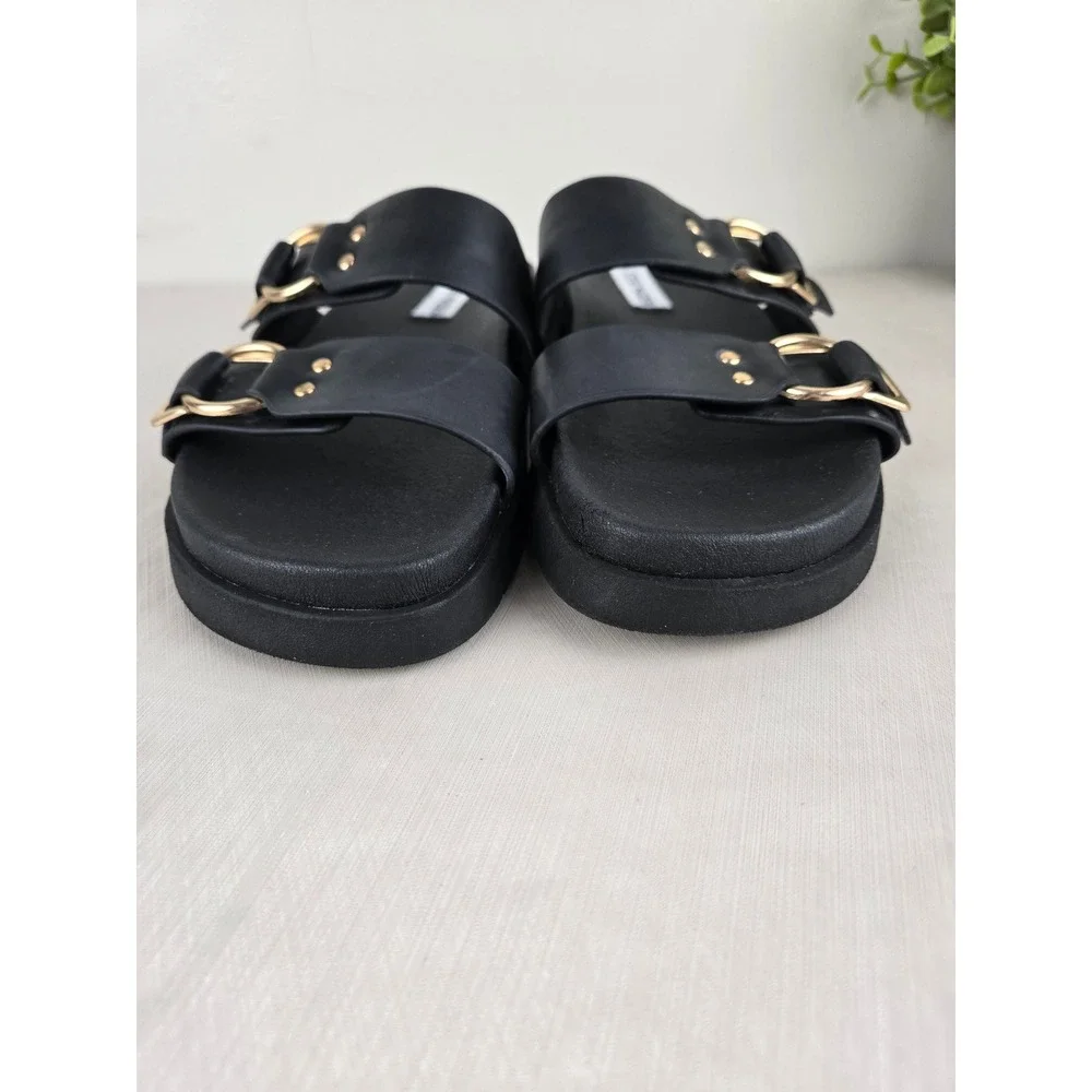 Steve Madden Hanni Black Platform Slide Sandals Gold Buckle Womens 8.5M - Picture 5 of 12